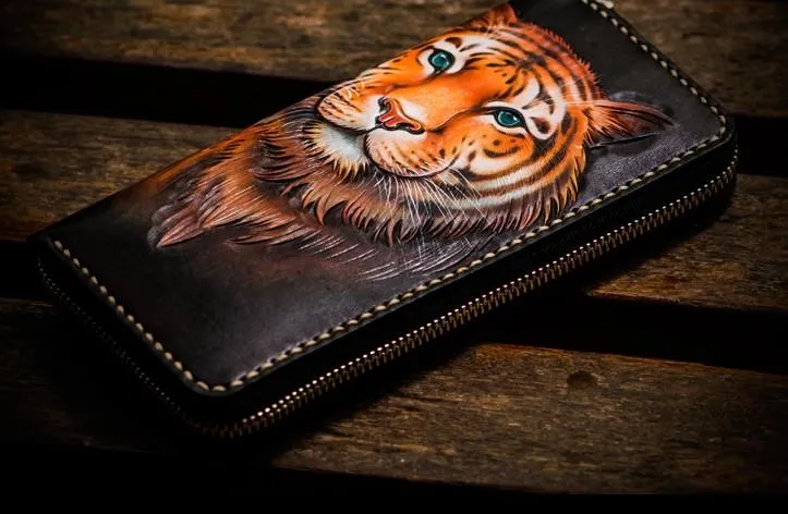 Handmade Leather Men Tooled Tiger Cool Leather Clutch Wallets Long Wallets for Men