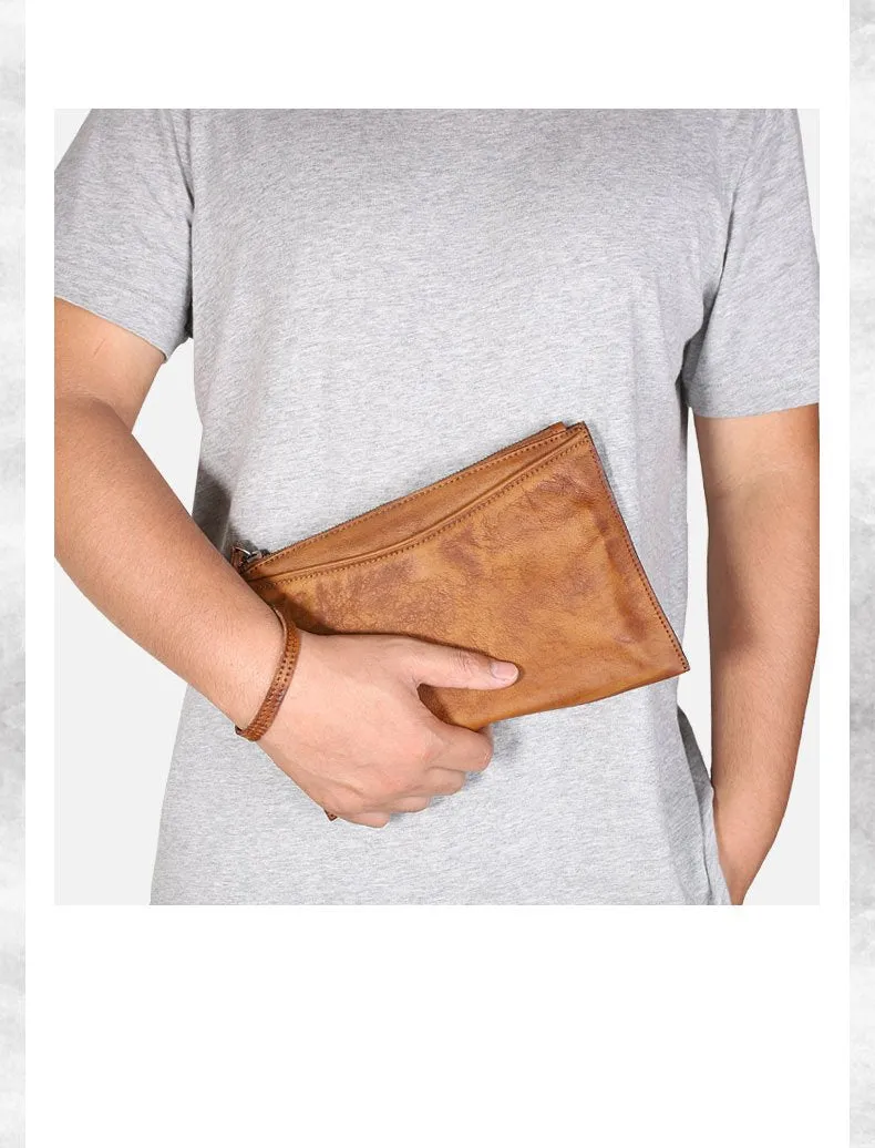 Handmade Leather Mens Brown Long Leather Wallet Wristlet Bag Envelope Bag Clutch Wallet for Men