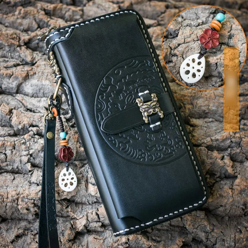 Handmade Leather Mens Chain Biker Wallet Cool Leather Wallet Long Phone Wallets for Men