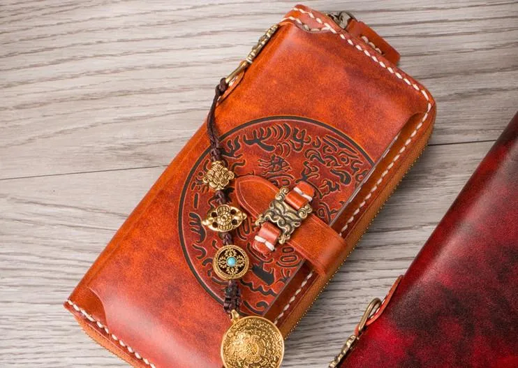 Handmade Leather Mens Chain Biker Wallet Cool Leather Wallet Long Phone Wallets for Men