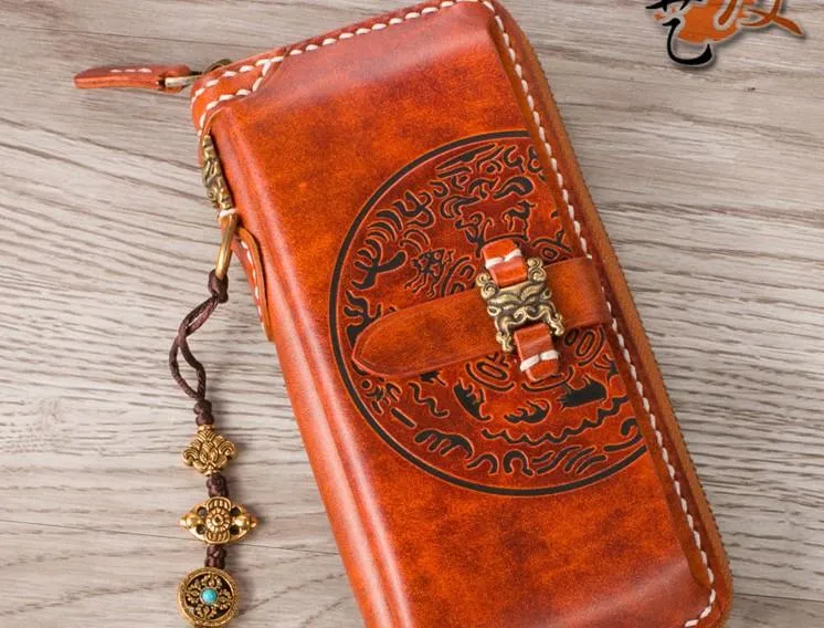 Handmade Leather Mens Chain Biker Wallet Cool Leather Wallet Long Phone Wallets for Men