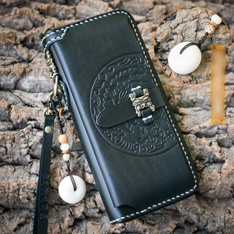 Handmade Leather Mens Chain Biker Wallet Cool Leather Wallet Long Phone Wallets for Men
