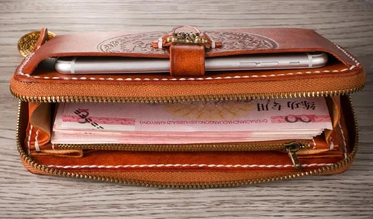 Handmade Leather Mens Chain Biker Wallet Cool Leather Wallet Long Phone Wallets for Men