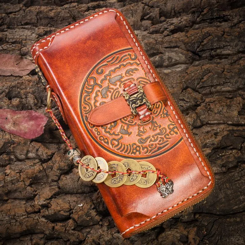 Handmade Leather Mens Chain Biker Wallet Cool Leather Wallet Long Phone Wallets for Men