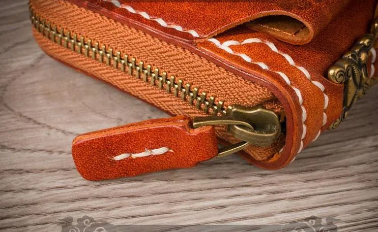 Handmade Leather Mens Chain Biker Wallet Cool Leather Wallet Long Phone Wallets for Men