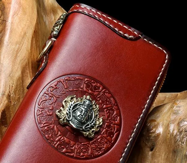 Handmade Leather Mens Chain Biker Wallet Cool Leather Wallet Long Phone Wallets for Men
