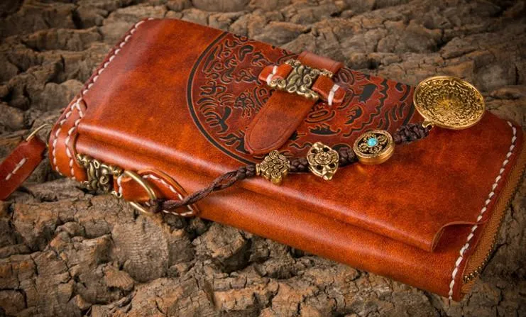 Handmade Leather Mens Chain Biker Wallet Cool Leather Wallet Long Phone Wallets for Men