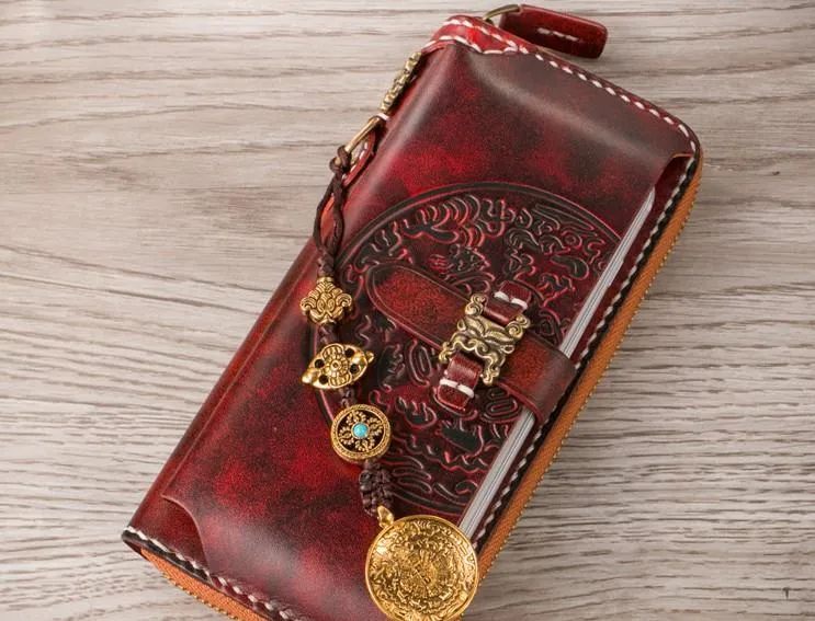 Handmade Leather Mens Chain Biker Wallet Cool Leather Wallet Long Phone Wallets for Men