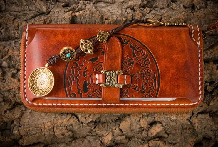 Handmade Leather Mens Chain Biker Wallet Cool Leather Wallet Long Phone Wallets for Men