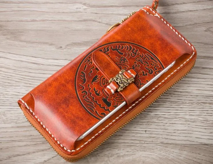 Handmade Leather Mens Chain Biker Wallet Cool Leather Wallet Long Phone Wallets for Men