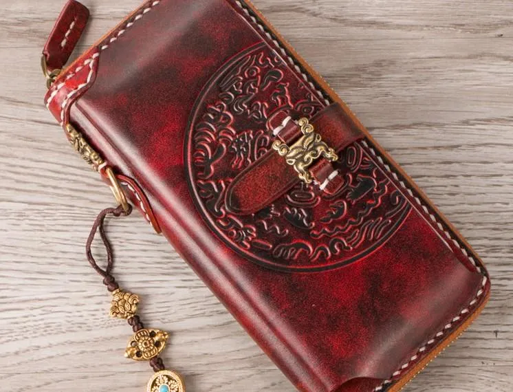 Handmade Leather Mens Chain Biker Wallet Cool Leather Wallet Long Phone Wallets for Men
