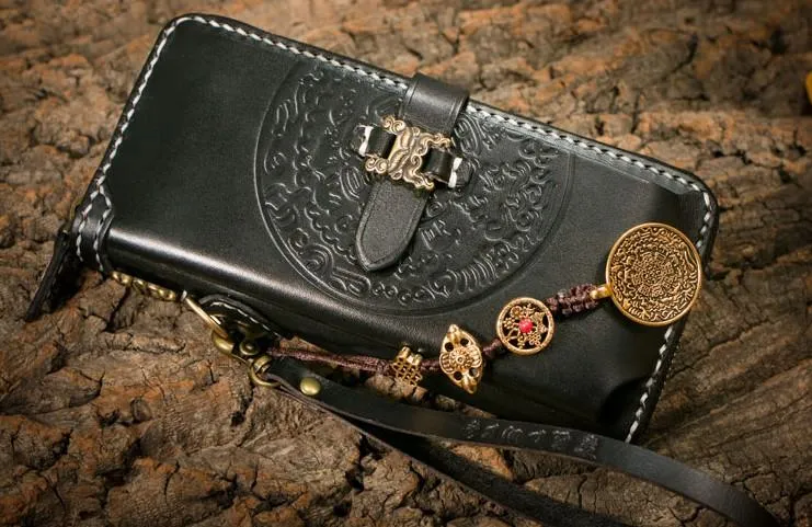 Handmade Leather Mens Chain Biker Wallet Cool Leather Wallet Long Phone Wallets for Men