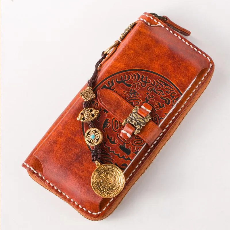 Handmade Leather Mens Chain Biker Wallet Cool Leather Wallet Long Phone Wallets for Men