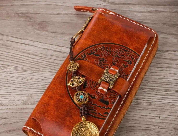 Handmade Leather Mens Chain Biker Wallet Cool Leather Wallet Long Phone Wallets for Men