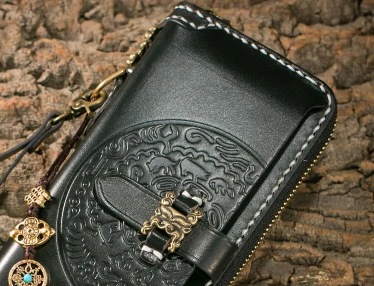 Handmade Leather Mens Chain Biker Wallet Cool Leather Wallet Long Phone Wallets for Men