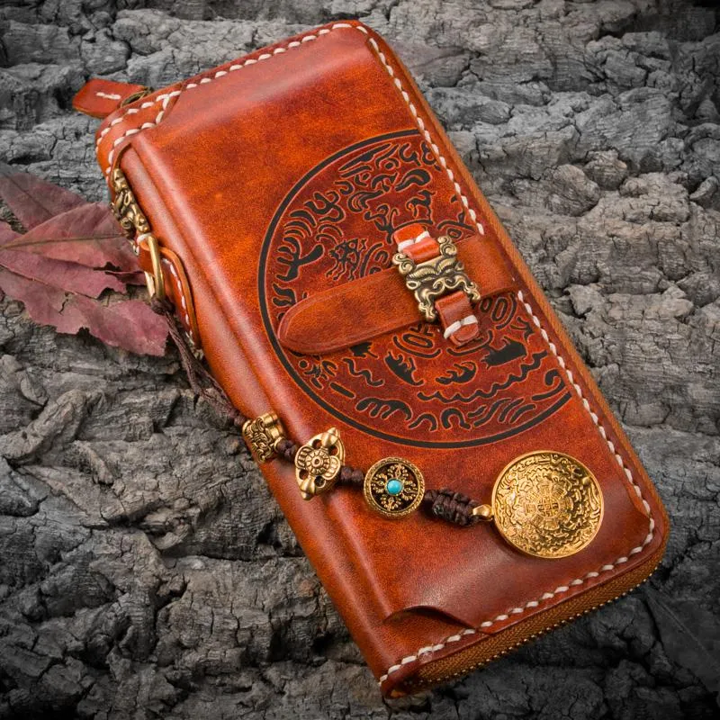 Handmade Leather Mens Chain Biker Wallet Cool Leather Wallet Long Phone Wallets for Men