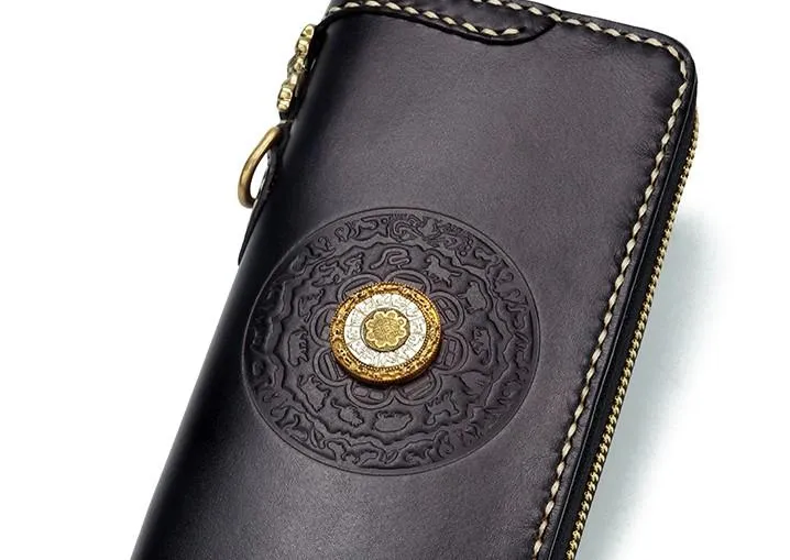 Handmade Leather Mens Chain Biker Wallet Tibetan Cool Leather Wallet Long Phone Wallets for Men