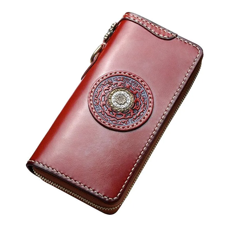 Handmade Leather Mens Chain Biker Wallet Tibetan Cool Leather Wallet Long Phone Wallets for Men