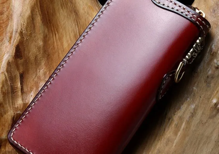 Handmade Leather Mens Chain Biker Wallet Tibetan Cool Leather Wallet Long Phone Wallets for Men