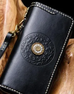 Handmade Leather Mens Chain Biker Wallet Tibetan Cool Leather Wallet Long Phone Wallets for Men