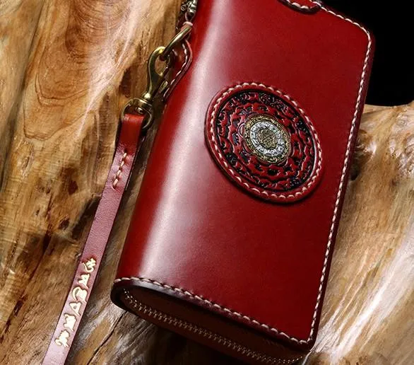 Handmade Leather Mens Chain Biker Wallet Tibetan Cool Leather Wallet Long Phone Wallets for Men