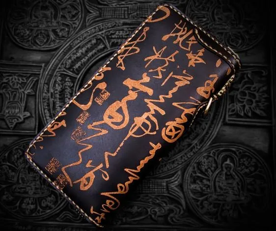 Handmade Leather Mens Chain Chinese Handwriting Biker Wallets Cool Leather Wallet Long Phone Wallets for Men