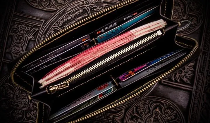 Handmade Leather Mens Chain Chinese Handwriting Biker Wallets Cool Leather Wallet Long Phone Wallets for Men