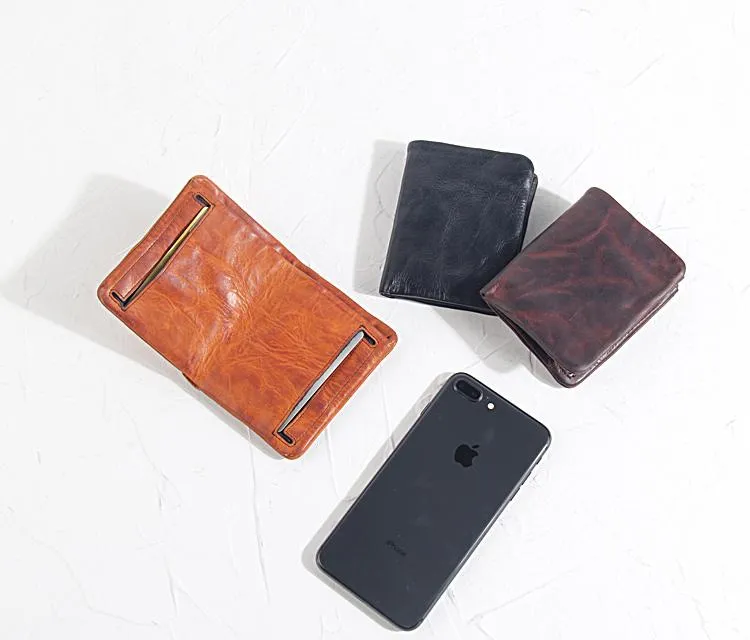 Handmade Leather Mens Cool Black billfold Wallets Small Wallet Men Bifold Wallets Front Pocket Wallet for Men