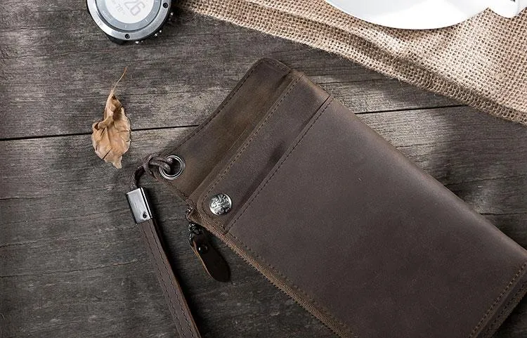 Handmade Leather Mens Cool Long Chain Wallet Phone Biker Trucker Wristlet Wallet