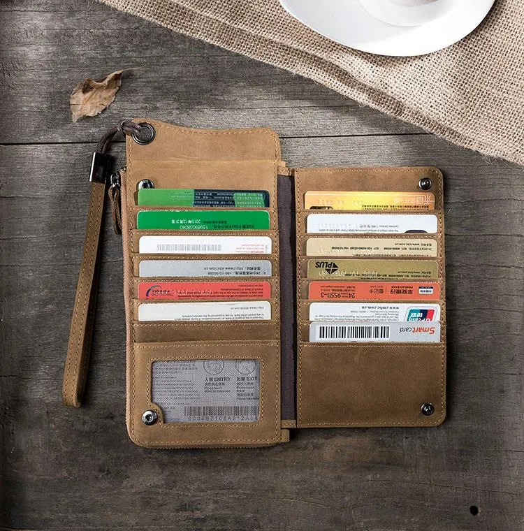 Handmade Leather Mens Cool Long Chain Wallet Phone Biker Trucker Wristlet Wallet