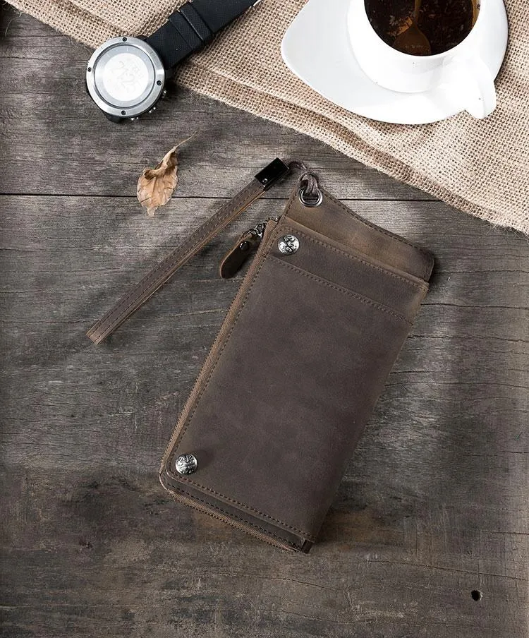 Handmade Leather Mens Cool Long Chain Wallet Phone Biker Trucker Wristlet Wallet