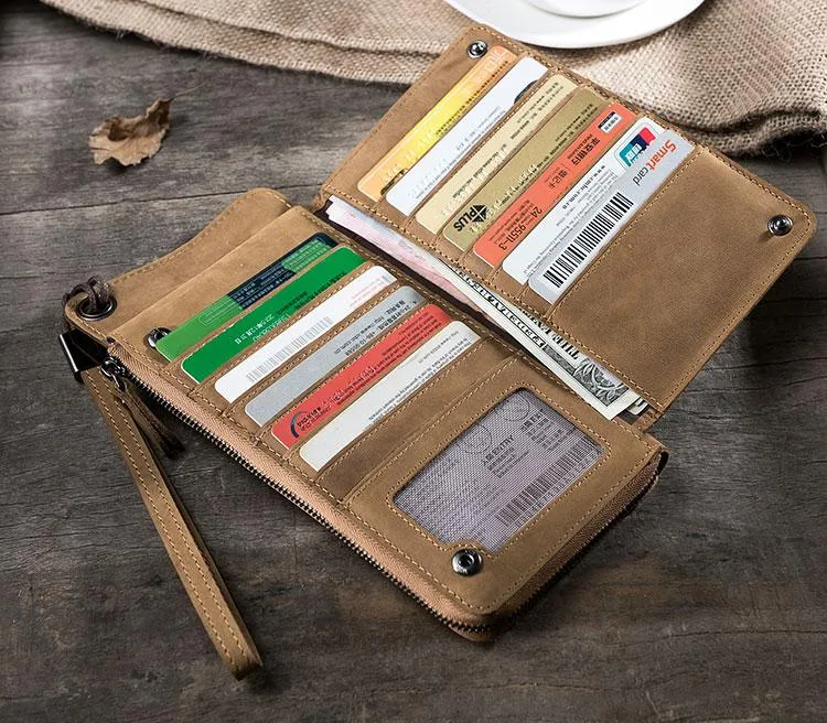Handmade Leather Mens Cool Long Chain Wallet Phone Biker Trucker Wristlet Wallet