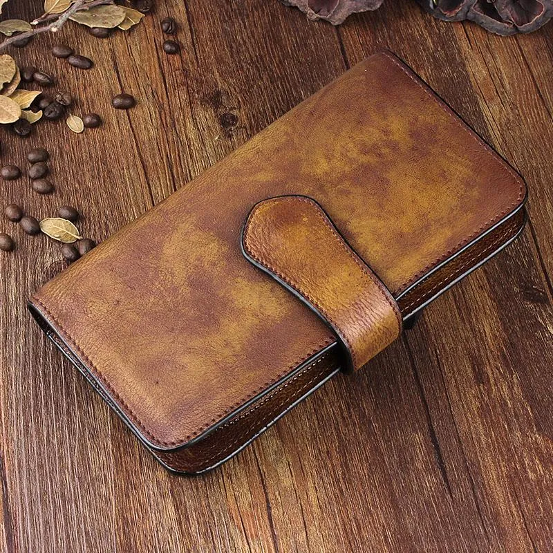 Handmade Leather Mens Cool Long Leather Wallet Trifold Clutch Wallet for Men