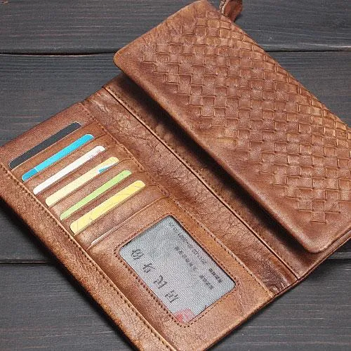 Handmade Leather Mens Cool Long Leather Wallet Trifold Clutch Wallet for Men
