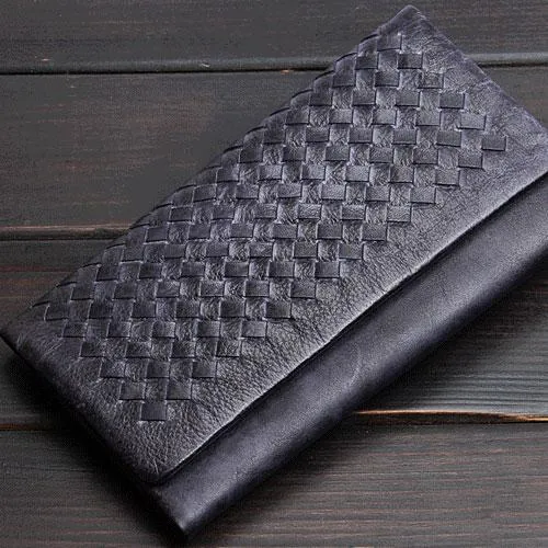 Handmade Leather Mens Cool Long Leather Wallet Trifold Clutch Wallet for Men