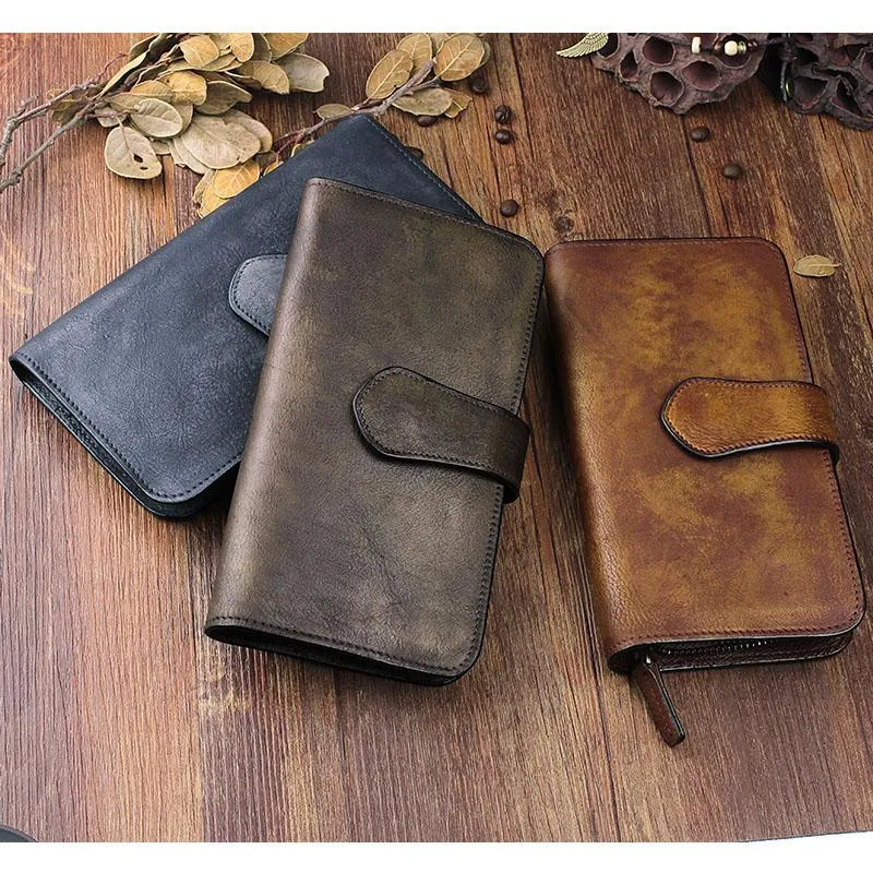 Handmade Leather Mens Cool Long Leather Wallet Trifold Clutch Wallet for Men