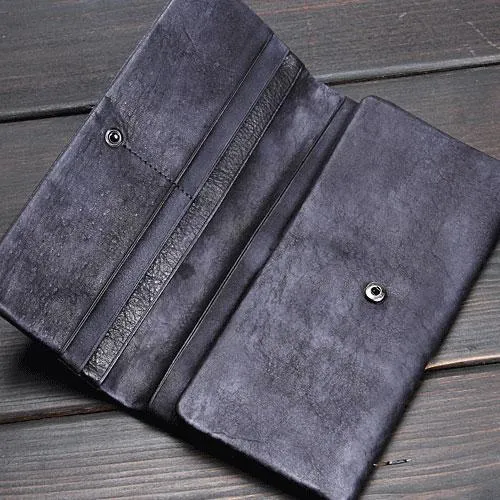Handmade Leather Mens Cool Long Leather Wallet Trifold Clutch Wallet for Men