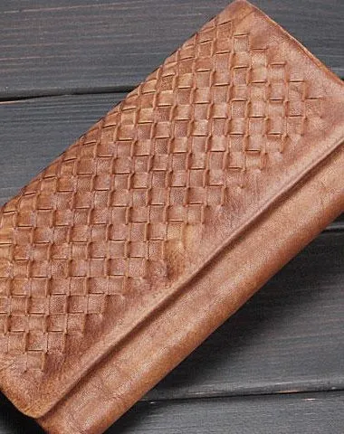 Handmade Leather Mens Cool Long Leather Wallet Trifold Clutch Wallet for Men