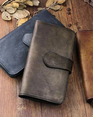 Handmade Leather Mens Cool Long Leather Wallet Trifold Clutch Wallet for Men
