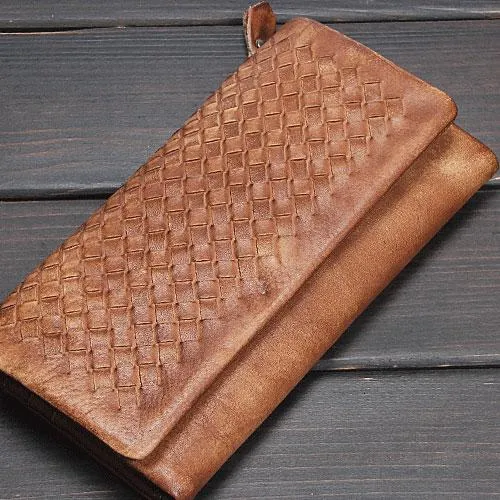 Handmade Leather Mens Cool Long Leather Wallet Trifold Clutch Wallet for Men