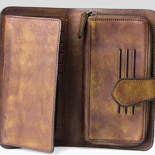 Handmade Leather Mens Cool Long Leather Wallet Trifold Clutch Wallet for Men