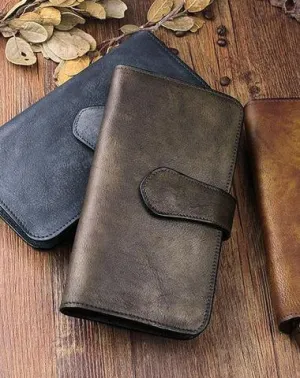 Handmade Leather Mens Cool Long Leather Wallet Trifold Clutch Wallet for Men