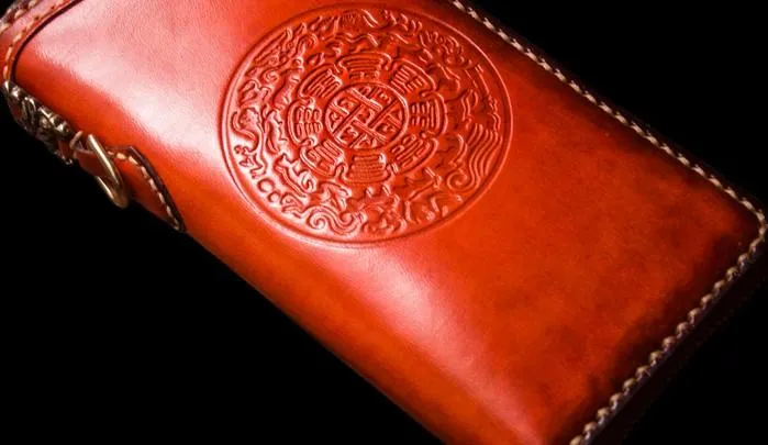 Handmade Leather Mens Cool Tibetan Chain Biker Wallets Leather Clutch Wallet Long Wallets for Men