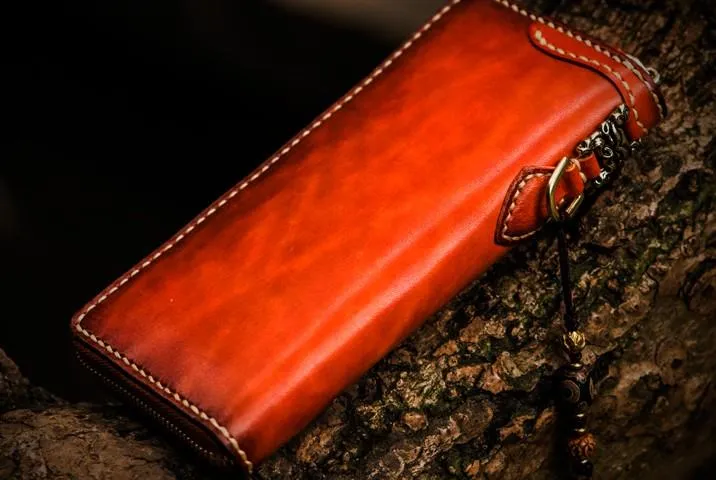 Handmade Leather Mens Cool Tibetan Chain Biker Wallets Leather Clutch Wallet Long Wallets for Men