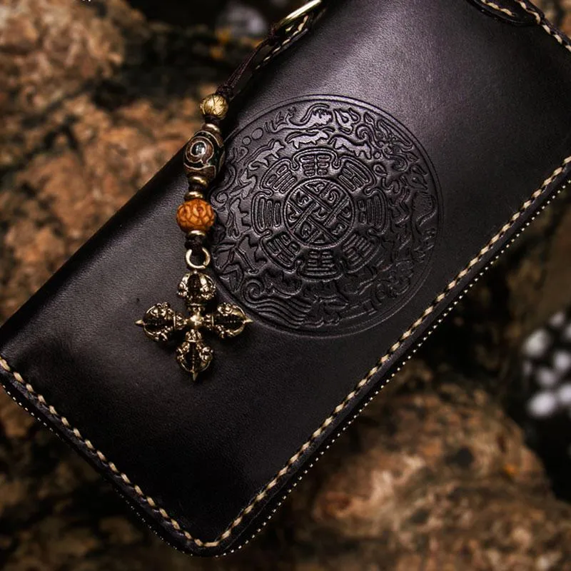 Handmade Leather Mens Cool Tibetan Chain Biker Wallets Leather Clutch Wallet Long Wallets for Men