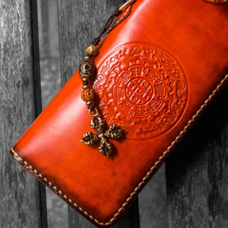 Handmade Leather Mens Cool Tibetan Chain Biker Wallets Leather Clutch Wallet Long Wallets for Men
