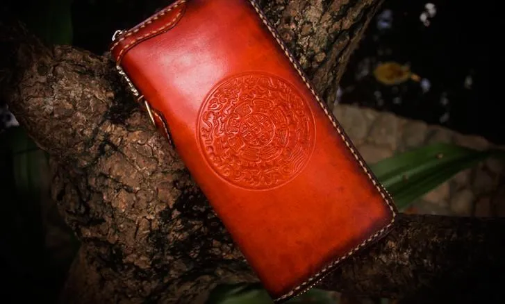 Handmade Leather Mens Cool Tibetan Chain Biker Wallets Leather Clutch Wallet Long Wallets for Men