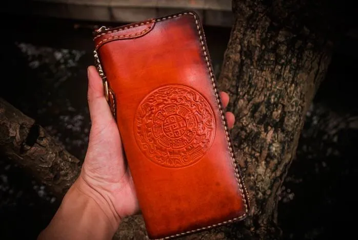 Handmade Leather Mens Cool Tibetan Chain Biker Wallets Leather Clutch Wallet Long Wallets for Men