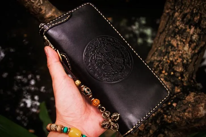 Handmade Leather Mens Cool Tibetan Chain Biker Wallets Leather Clutch Wallet Long Wallets for Men