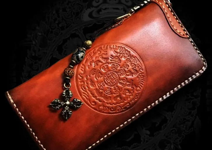 Handmade Leather Mens Cool Tibetan Chain Biker Wallets Leather Clutch Wallet Long Wallets for Men